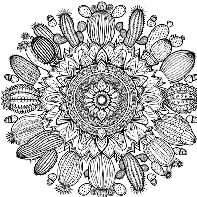 A coloring page of Cactus Mandala: Desert Bloom Coloring Page