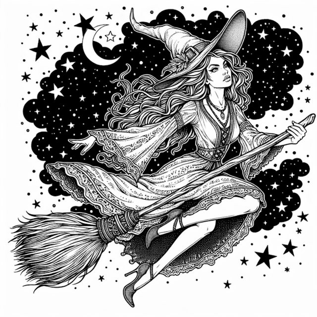 A coloring page of Celeste the Enchanting Witch’s Midnight Flight