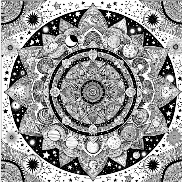 A coloring page of Celestial Mandala Dreams Coloring Page
