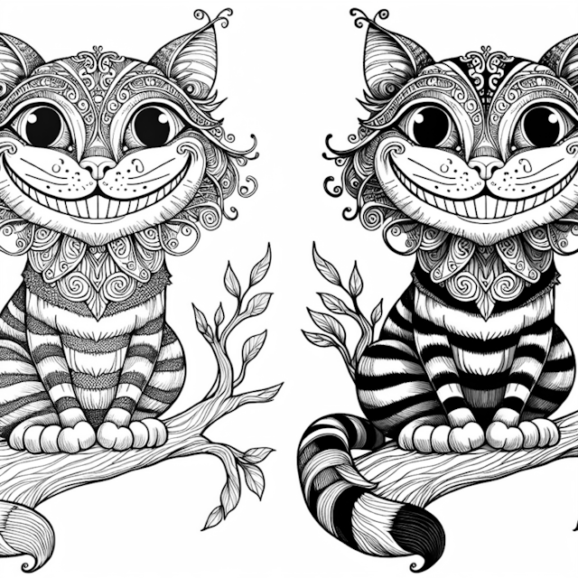 A coloring page of Cheshire Cat’s Whimsical Wonderland