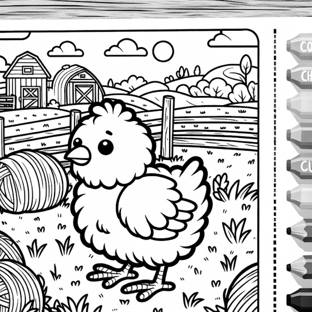 A coloring page of Chick’s Fun Day on the Farm