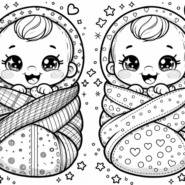 A coloring page of Colorful Cuddles: Baby Twins in Blankets