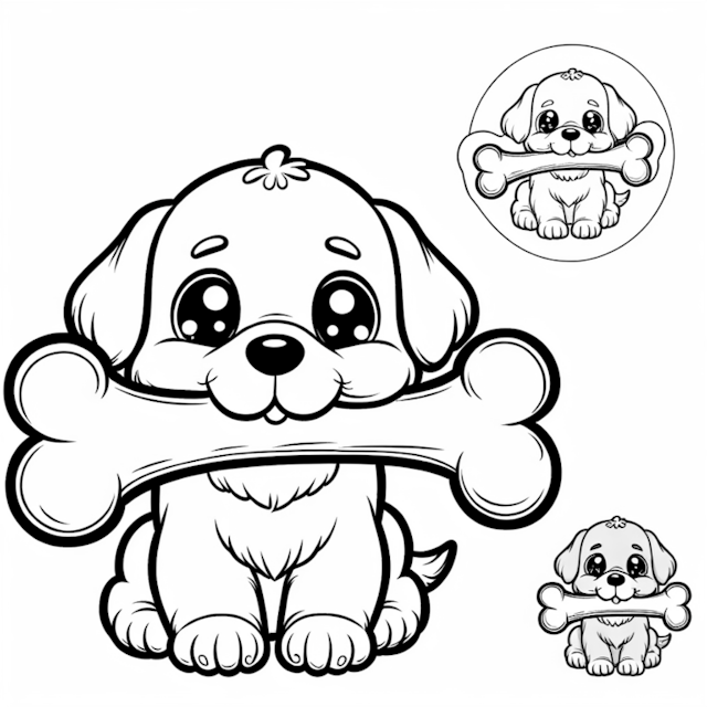 A coloring page of Cuddly Puppy with a Giant Bone