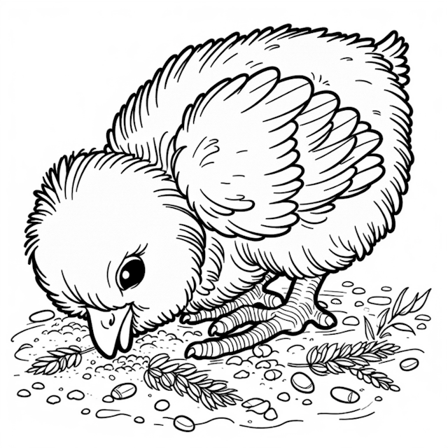 A coloring page of Curious Chick Pecking at Seeds