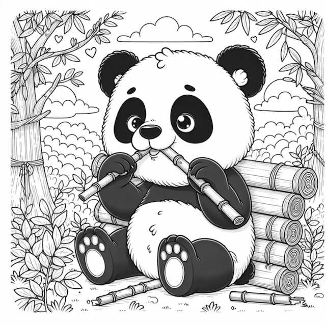 A coloring page of Cute Panda Eating Bamboo in the Forest