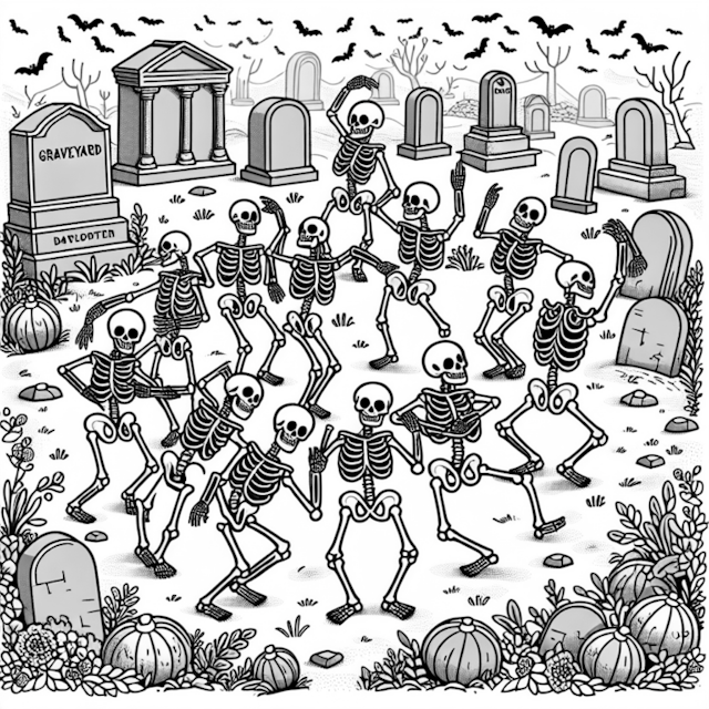 A coloring page of Dancing Skeletons in the Moonlit Graveyard