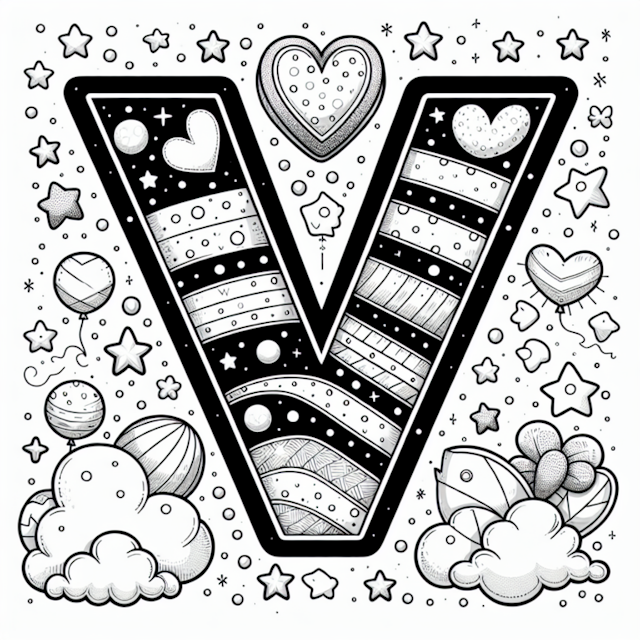 A coloring page of Decorative Letter ‘V’ with Stars and Hearts