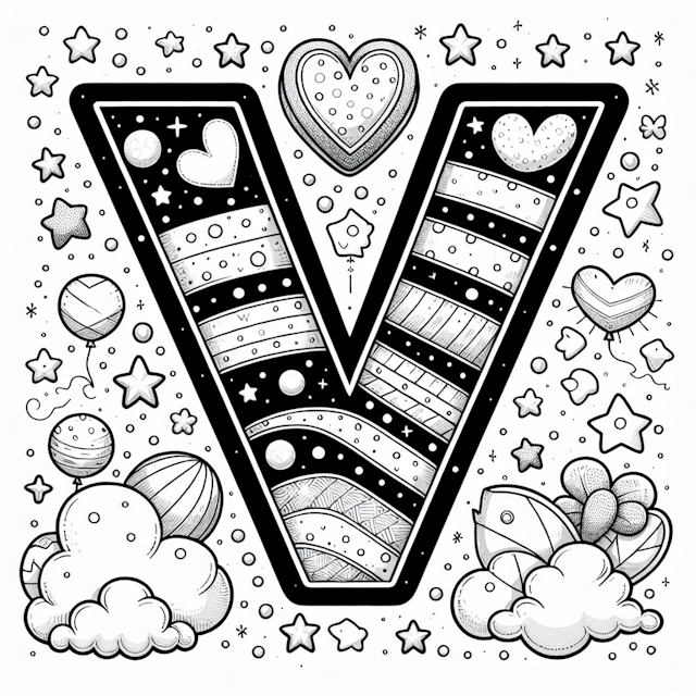 Decorative Letter ‘V’ with Stars and Hearts