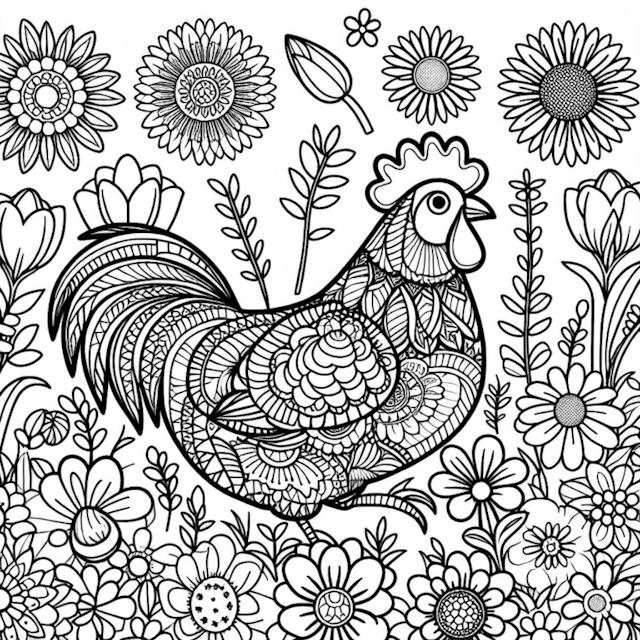 A coloring page of Decorative Rooster Among Spring Flowers