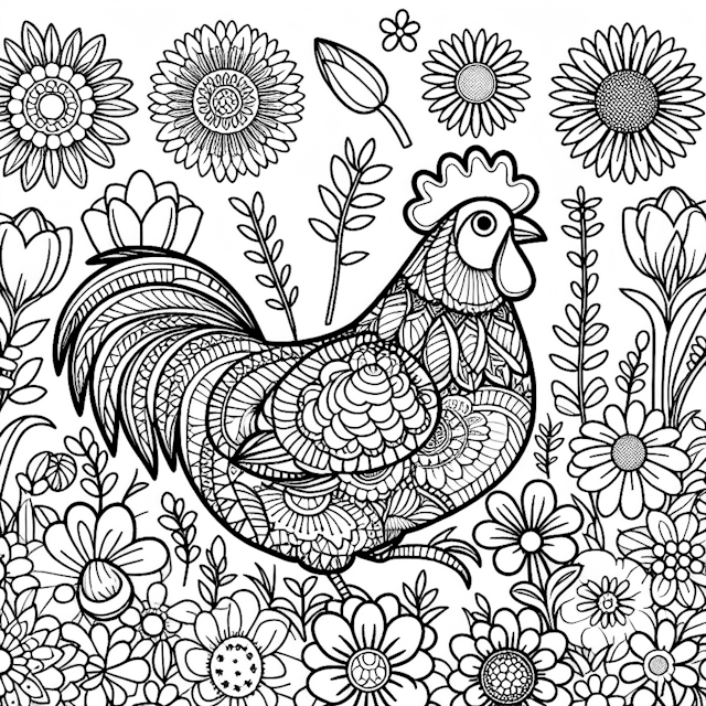 Decorative Rooster Among Spring Flowers