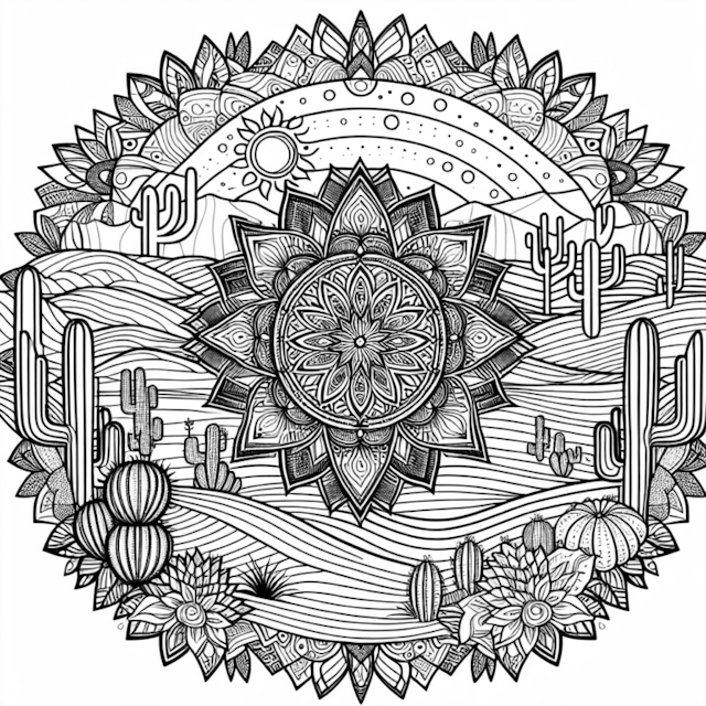 A coloring page of Desert Mandala Adventure