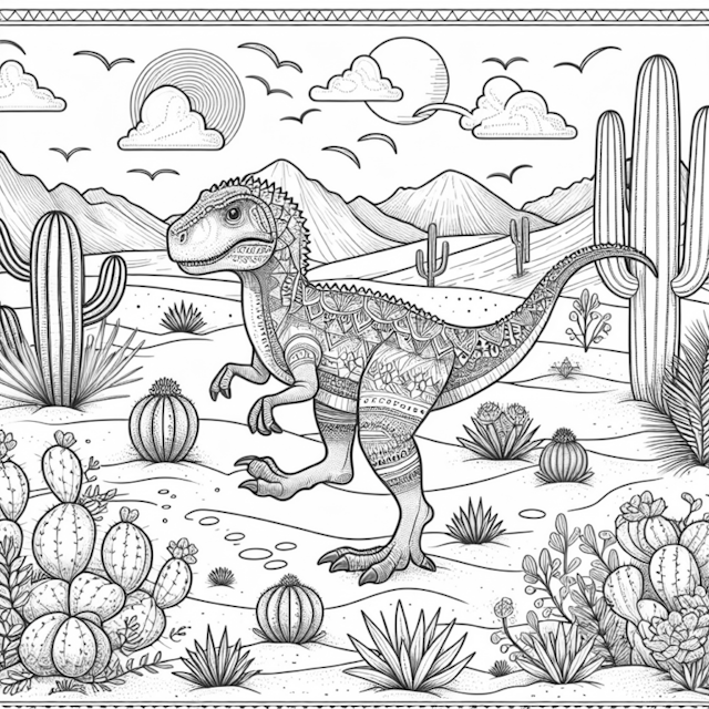 A coloring page of Dino Adventures in the Desert