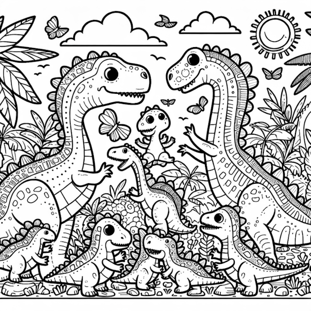 A coloring page of Dino Family Adventure in the Jungle
