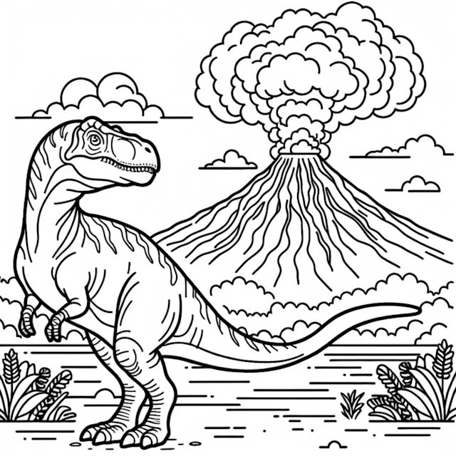 A coloring page of Dino’s Adventure by the Volcano
