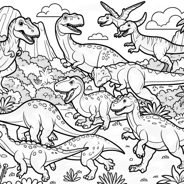 A coloring page of Dinosaur Adventure in the Prehistoric Jungle