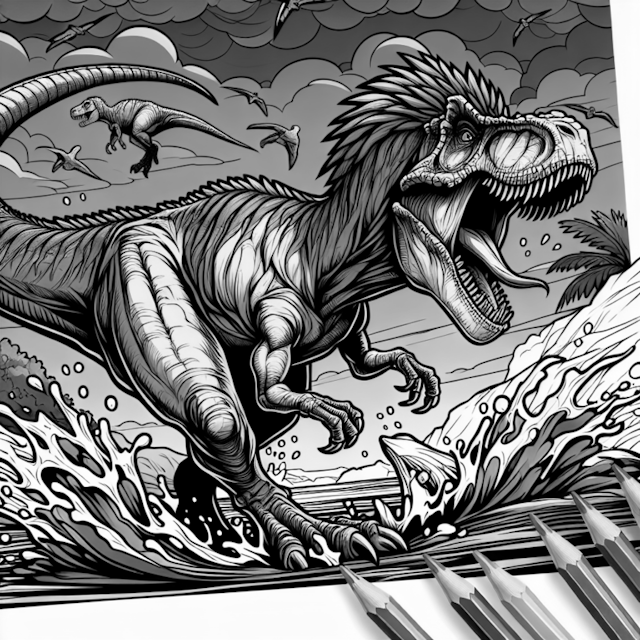 A coloring page of Dinosaur Adventure with T-Rex