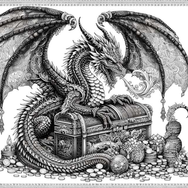 A coloring page of Dragon Guarding Treasure in Intricate Design