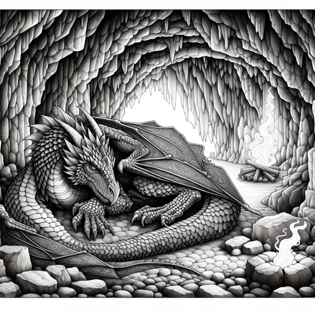 A coloring page of Dragon in the Mystic Cave