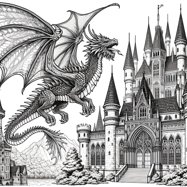 A coloring page of Dragon Soars Over Enchanted Castle