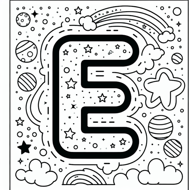 A coloring page of “E is for Exploring the Cosmos Coloring Page”