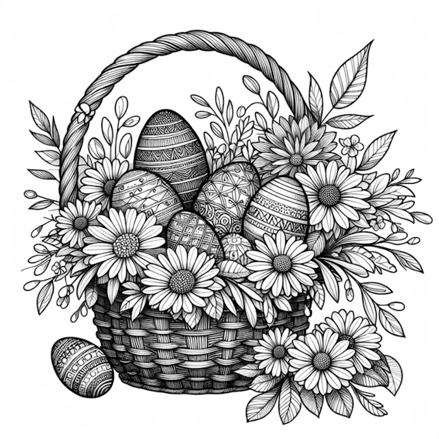A coloring page of Easter Basket with Patterned Eggs and Flowers Coloring Page