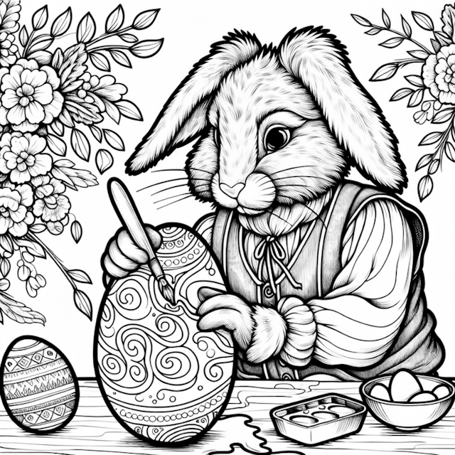 A coloring page of Easter Bunny Painting Eggs