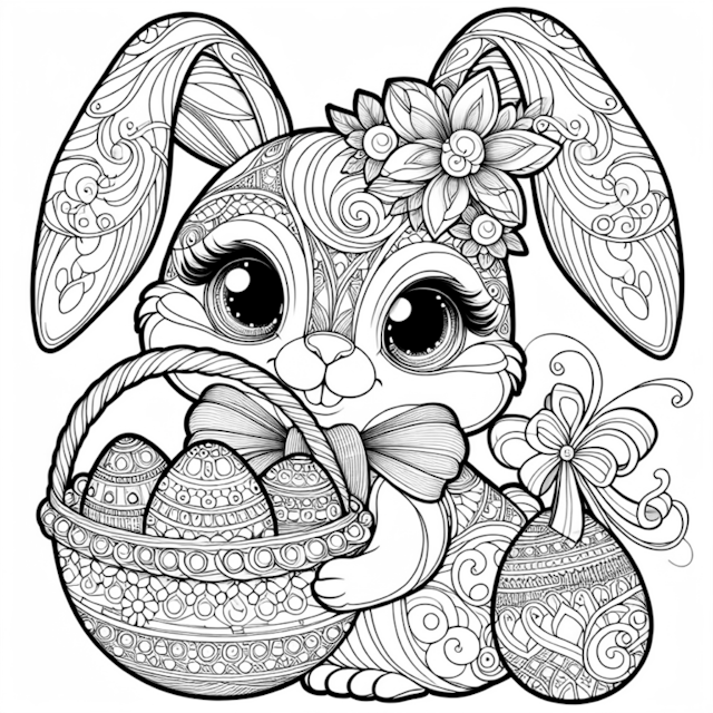 A coloring page of Easter Bunny with Decorative Eggs Coloring Page