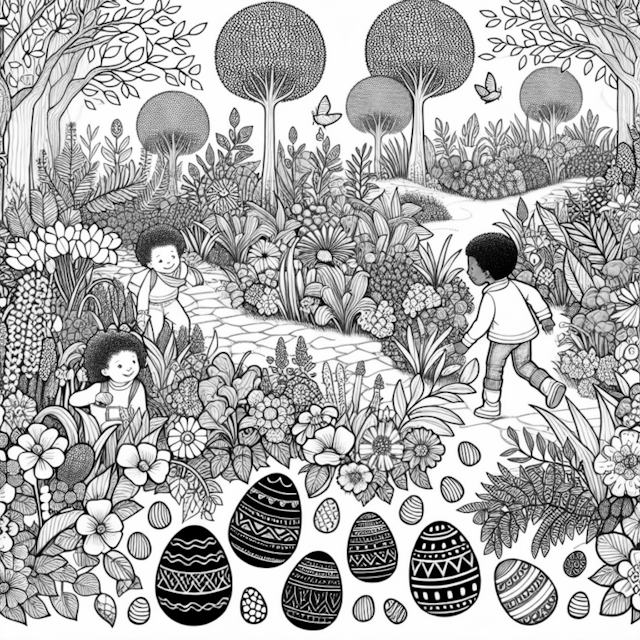 A coloring page of Easter Egg Hunt Adventure in the Garden with Friends
