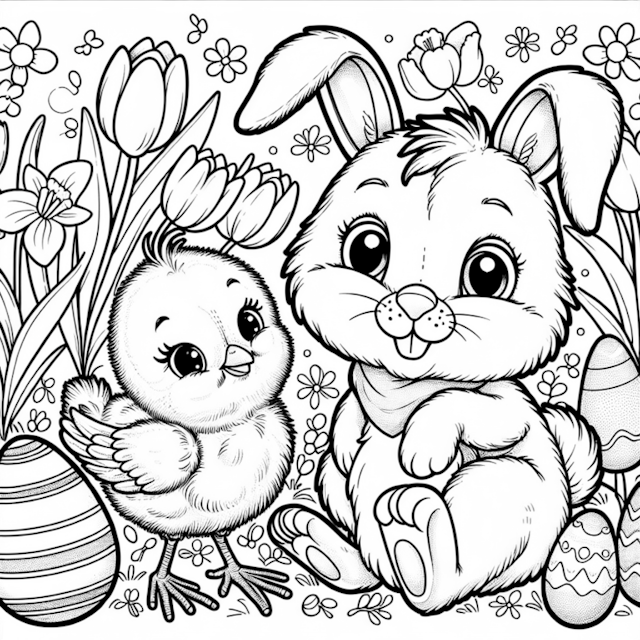 A coloring page of Easter Fun with Bunny and Chick