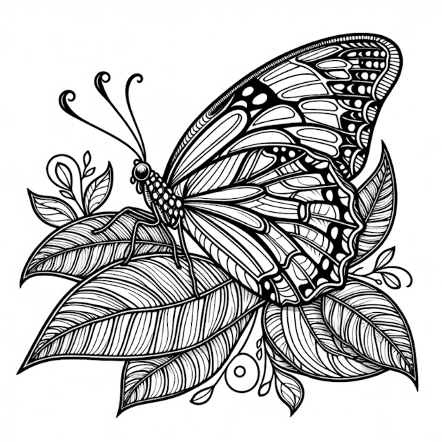 A coloring page of Elegant Butterfly on Leaves Coloring Page