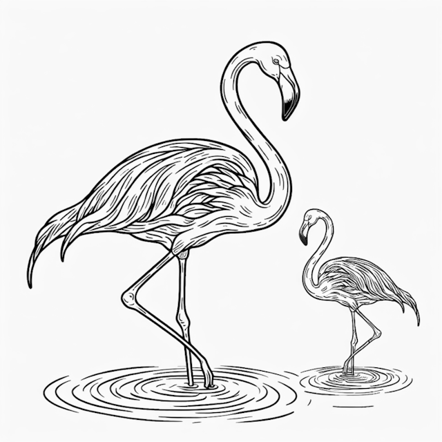 A coloring page of Elegant Flamingos in the Water