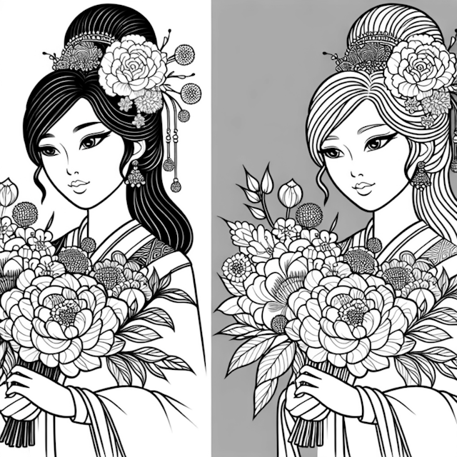 A coloring page of Elegant Floral Princess Coloring Page