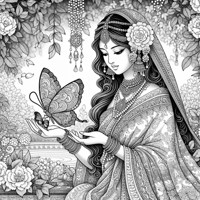 A coloring page of Elegant Lady and Butterfly in a Garden