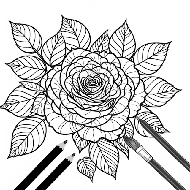 A coloring page of Elegant Rose with Detailed Leaves Coloring Page