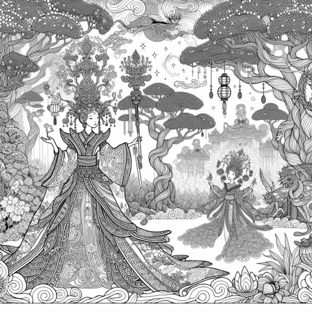 A coloring page of Empress and the Enchanted Forest