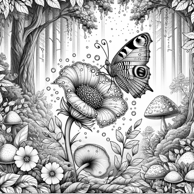 A coloring page of “Enchanted Forest with Butterfly”