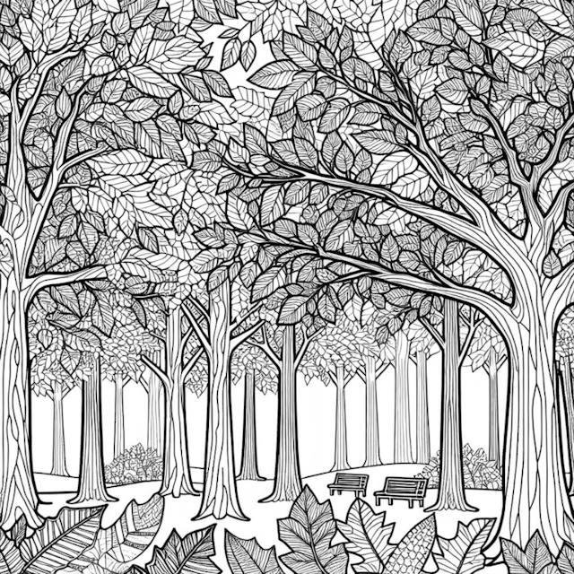 A coloring page of Enchanting Woodland Scene