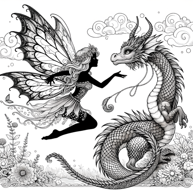 A coloring page of Fairy and Dragon Enchanted Encounter Coloring Page