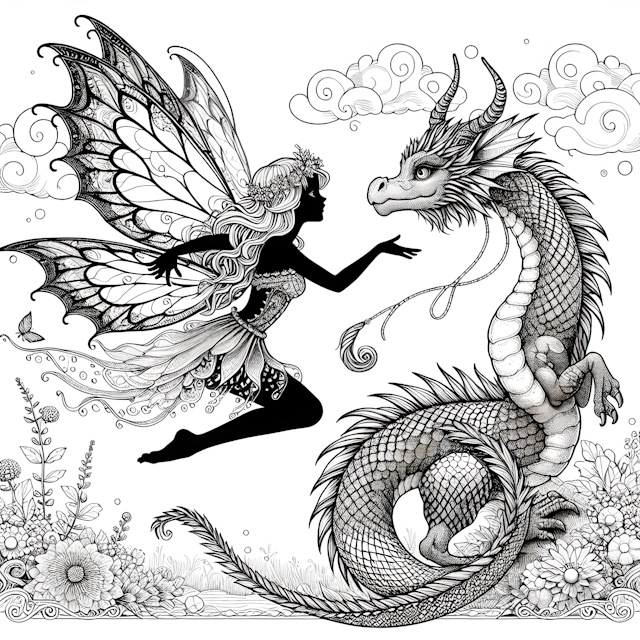 Fairy and Dragon Enchanted Encounter Coloring Page