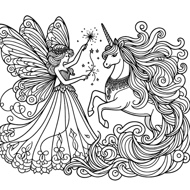 A coloring page of Fairy and Unicorn’s Magical Encounter