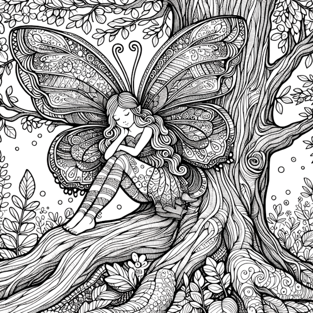 A coloring page of Fairy Dreaming Under the Enchanted Tree