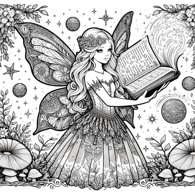 A coloring page of Fairy Ella and Her Enchanted Spell Book