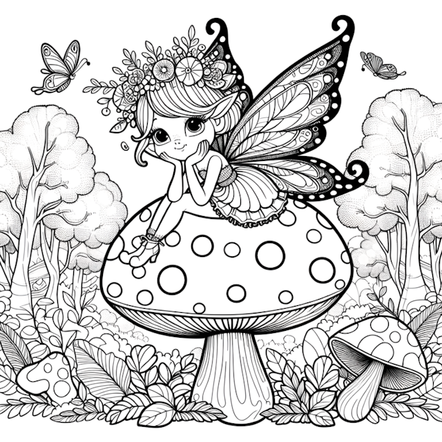 A coloring page of Fairy Ella on a Mushroom Adventure