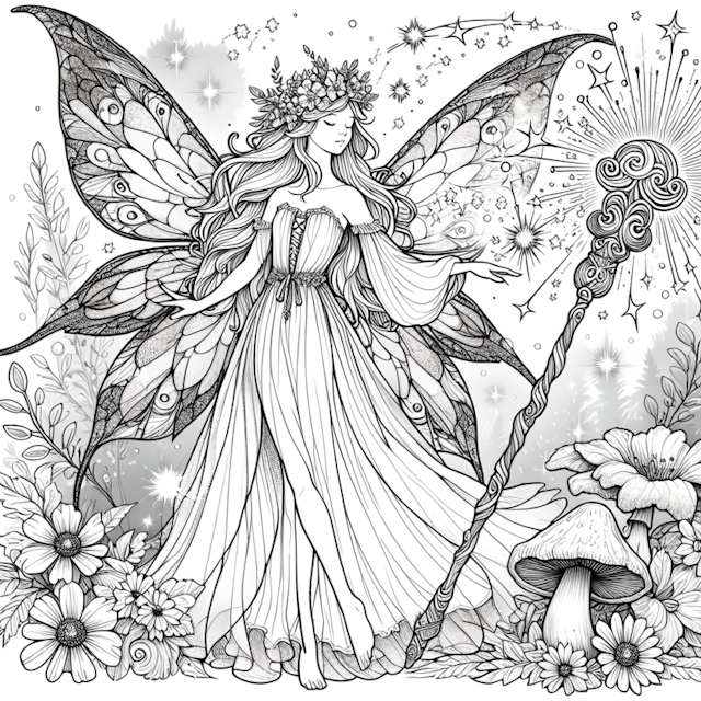 A coloring page of Fairy Enchantress in a Magical Garden