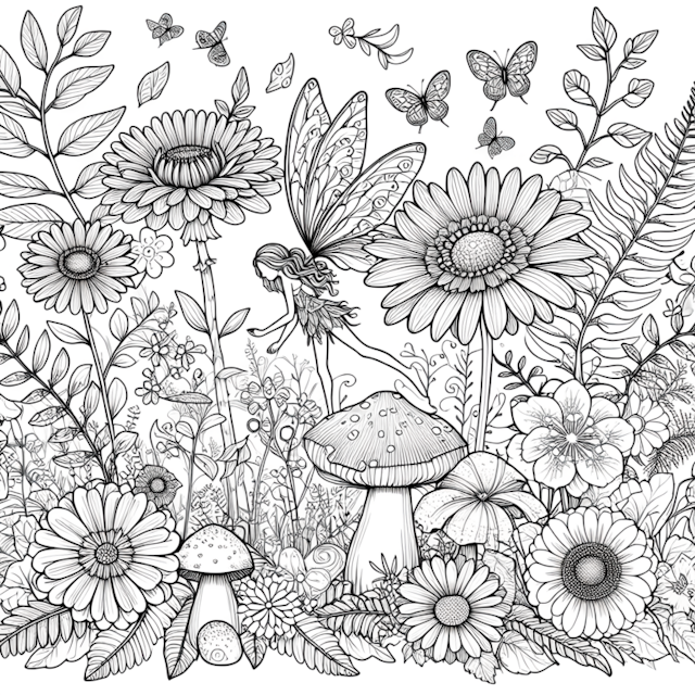 A coloring page of Fairy Flora and Enchanted Garden