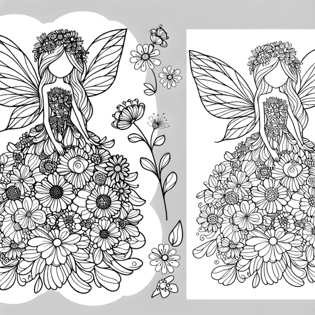 A coloring page of Fairy Flora’s Enchanted Flower Dress