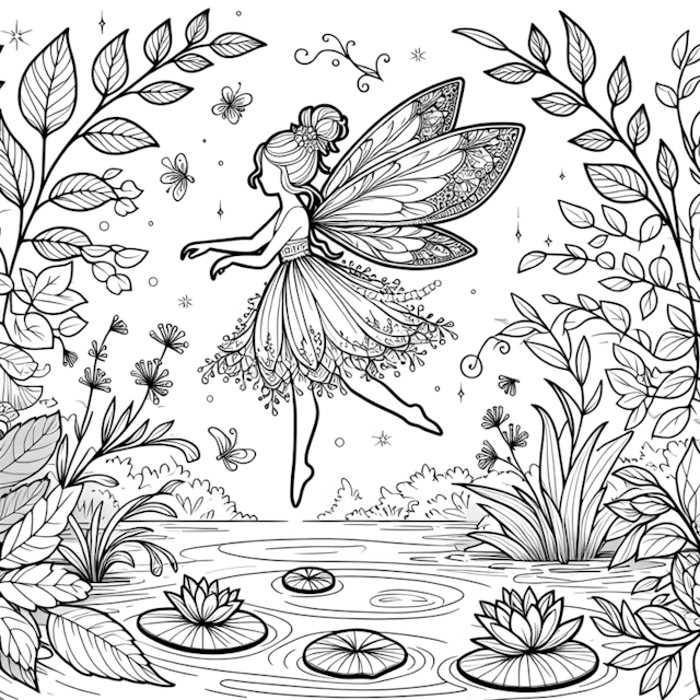 A coloring page of Fairy in an Enchanted Garden