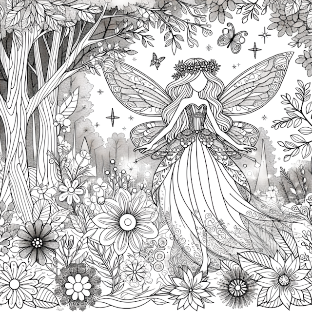 A coloring page of Fairy in Enchanted Flower Garden