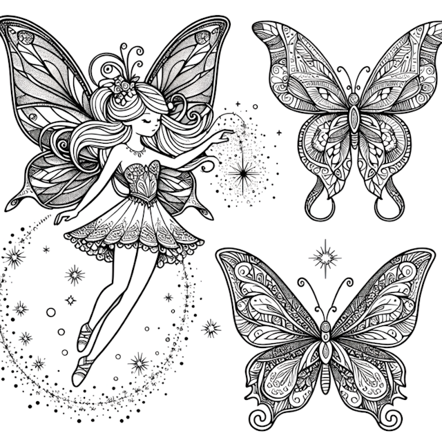 A coloring page of Fairy Lily and Magical Butterflies Coloring Page