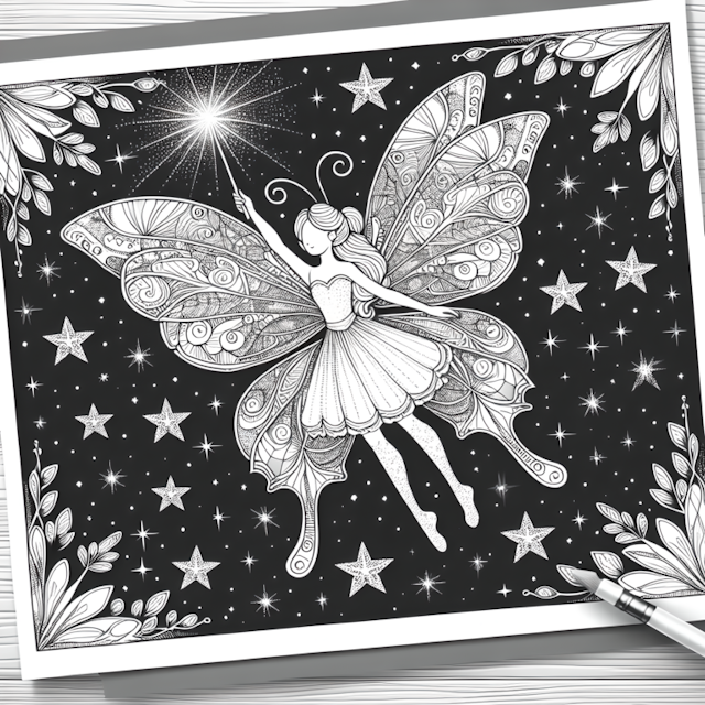 A coloring page of Fairy Magic in the Night Sky